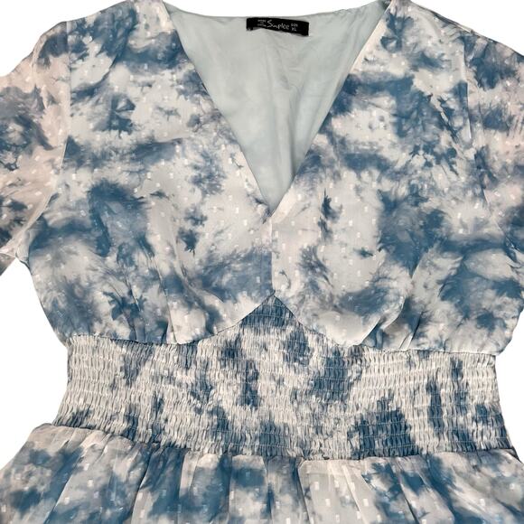 Fit & Flare Swiftie Dress Sz XL Blue White Balloon Sleeve Ruffle Floral Romantic - Picture 9 of 16